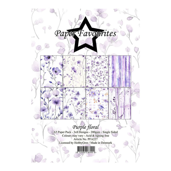 Packaging of 'Purple floral' paper pack by Paper Favourites with floral designs on a white background.