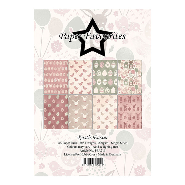Pack of A5 paper sheets with Easter designs on a white background, featuring the brand 'Paper Favourites'.