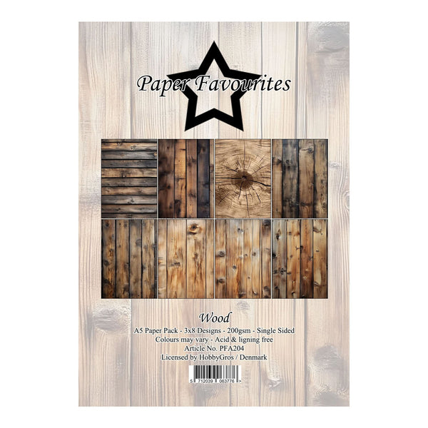 Wooden patterned paper pack with 'Paper Favourites' branding on a wooden background.