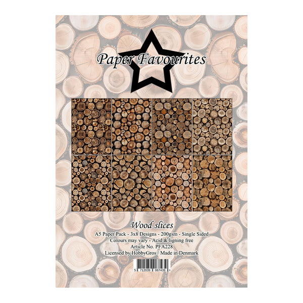 Pack of wood slice paper with 'Paper Favourites' branding on a white background