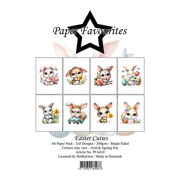 Packaging of 'Easter Cuties' paper pack by Paper Favourites with cartoon animals and floral designs.