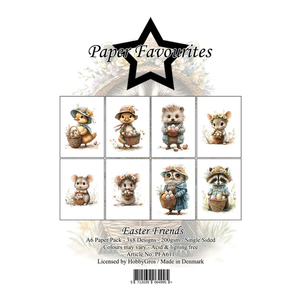 Packaging of 'Easter Friends' paper pack by Paper Favourites with illustrations of small animals holding Easter items.