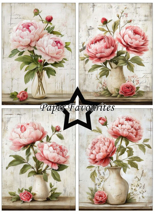 Set of four floral designs with pink peonies and a vase on a rustic wooden background, featuring 'Paper Favourites' branding.