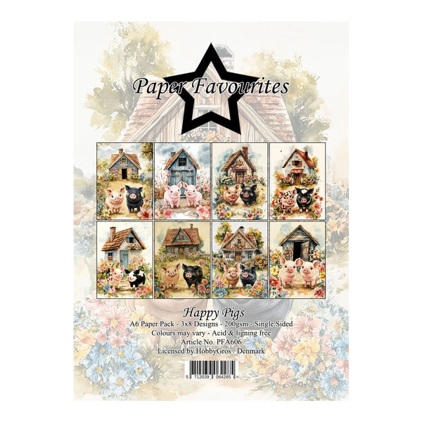 Packaging of 'Happy Pigs' paper pack by Paper Favourites with illustrations of pigs and houses.