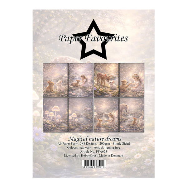 Packaging of 'Magical nature dreams' paper with illustrations of animals and fairies.