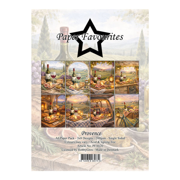 Packaging of Paper Favourites Provence paper pack with scenic images and a star logo.