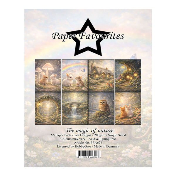 Packaging of 'The magic of nature' paper pack by Paper Favourites with illustrations of animals and nature scenes.