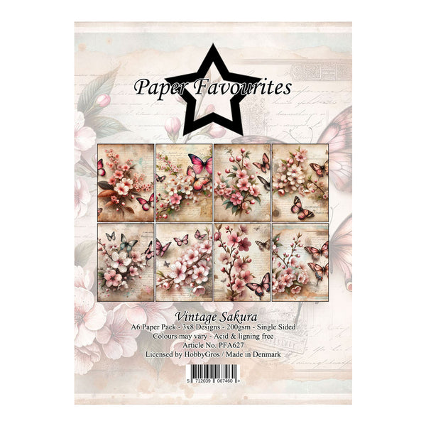 Pack of paper with floral and butterfly designs on a white background, featuring the brand 'Paper Favourites'.