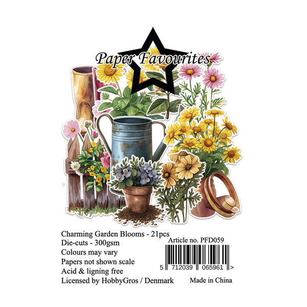 Packaging of 'Paper Favourites' garden-themed die-cuts with flowers, boots, and watering can on a white background.