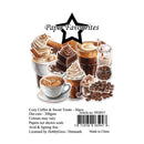 Product packaging for 'Cozy Coffee & Sweet Treats' with illustrations of coffee and desserts, branded 'Paper Favourites'.