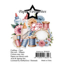 Packaging of 'Paper Favourites' crafting die-cuts with flowers, scissors, and thread on a white background.