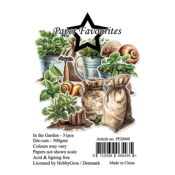 Product packaging for 'In the Garden' die-cuts by Paper Favourites with plants, pots, and tools on a white background.
