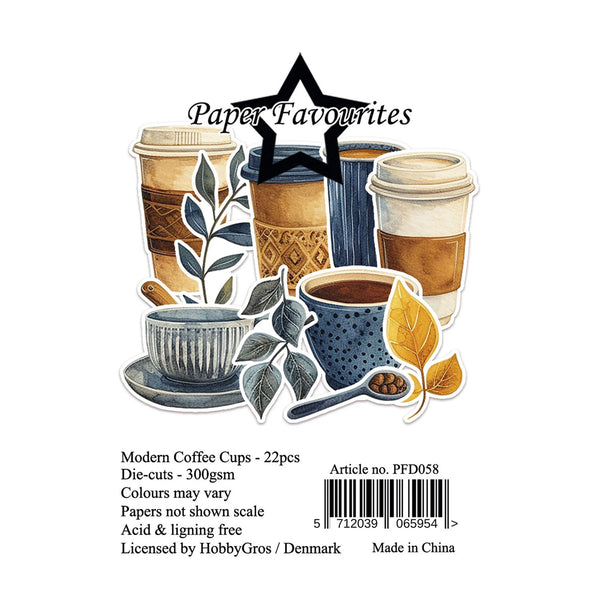 Packaging of 'Modern Coffee Cups' die-cuts by Paper Favourites with coffee cup illustrations on a white background.