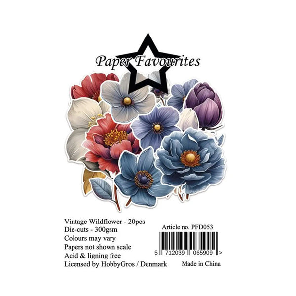 Packaging of 'Paper Favourites' vintage wildflower die-cuts with colorful flowers on a white background.