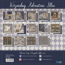 Collection of paper designs with 'Wizarding Adventure Blue' theme on a checkered background.