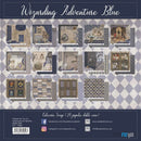 Collection of paper designs with 'Wizarding Adventure Blue' theme on a checkered background.
