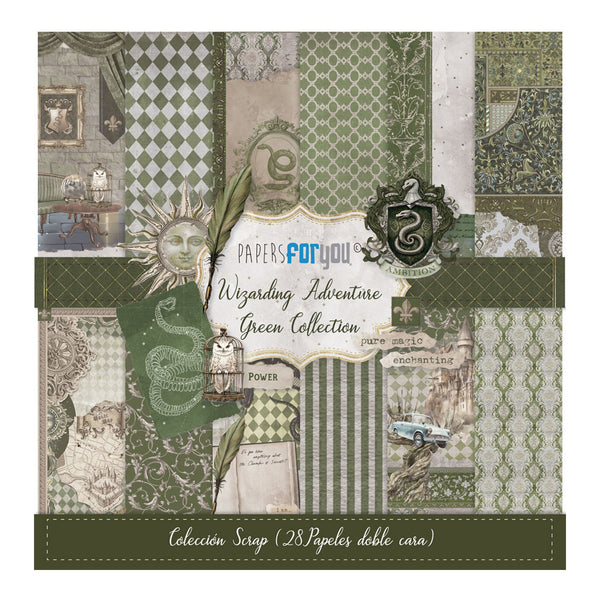 Packaging of 'Papers for You' Wizarding Adventure Green Collection with various patterns and designs.