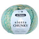 Ball of Patons Sierra Chunky yarn with label on a white background