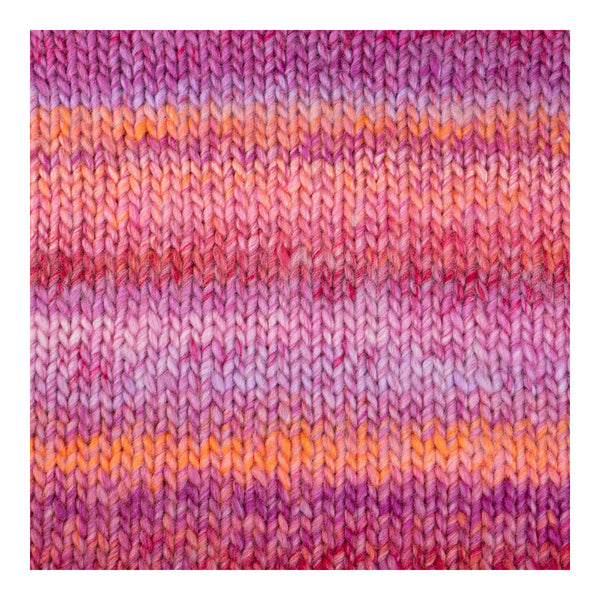 A close-up of a knitted fabric swatch with horizontal stripes in pink, purple, orange, and light lavender, showing a textured knit pattern.