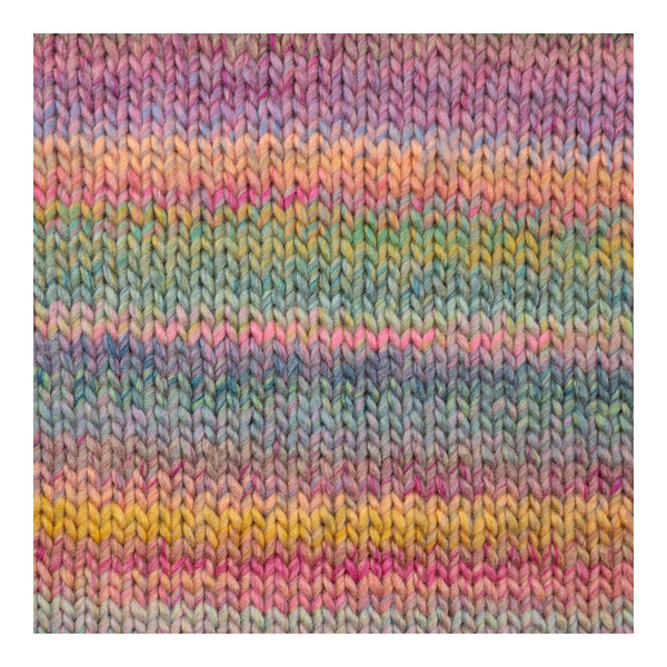 A close-up of a knitted fabric texture with horizontal stripes in pastel pink, purple, blue, green, yellow, and orange.
