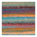 A close-up of a knitted fabric swatch with horizontal stripes in pastel blue, teal, pink, orange, yellow, and brown.