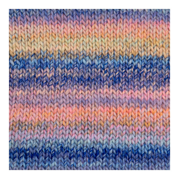 A close-up of a knitted fabric texture with horizontal stripes in blue, purple, pink, peach, and beige tones.