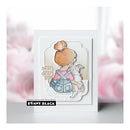 Card with a girl and angel design and 'Penny Black' branding on a blurred pink background