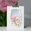 Card with a teddy bear holding a pink tulip and 'appreciate you' text, Penny Black brand visible.