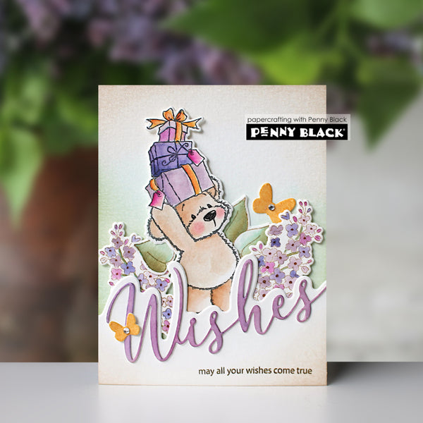 Card with a bear holding presents and flowers, featuring the Penny Black logo.