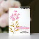 Card with pink flowers and motivational text on a white background, featuring Denny Black branding.