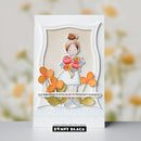 Card with a girl holding flowers and text 'our friendship is a bouquet of fluorescent moments' by Penny Black.