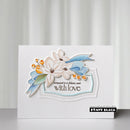 Greeting card with floral design and 'wrapped in a ribbon, sent with love' text on a white background.