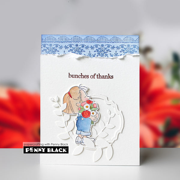 Card with a design of a person holding flowers and text 'bunches of thanks' on a white background.