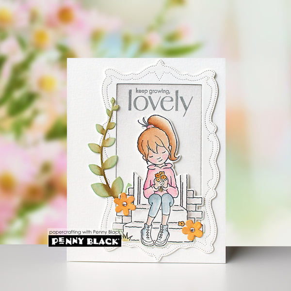 Card with a girl holding a flower and 'keep growing, lovely' text, Penny Black branding visible.
