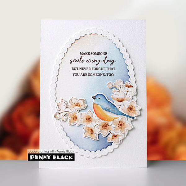 Card with a blue bird and flowers design, featuring a motivational quote, on a white background.
