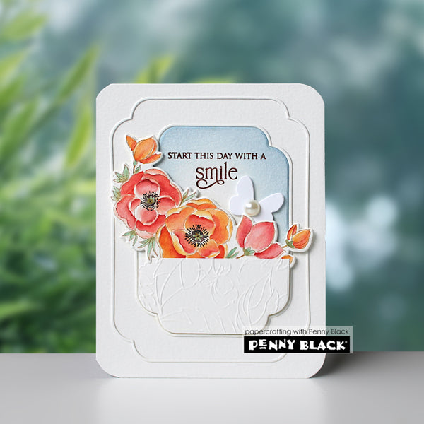 Card with floral design and 'Start this day with a smile' text, featuring Penny Black branding.