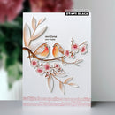 Card with birds and flowers design featuring Penny Black branding