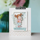 Card with a child illustration and 'whimsy' text, featuring Penny Black stamping kit.