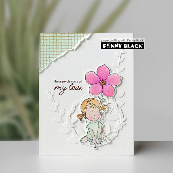 Card with a girl holding a pink flower and text 'these petals carry all my love', featuring Penny Black branding.