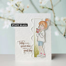 Card with a girl holding flowers and text 'Today is a good day for a good day' by Penny Black.