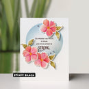 Card with pink flowers and motivational quote on a white background, featuring the brand 'Penny Black'.