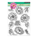 Clear stamp set with floral designs and a pink rose on a white background