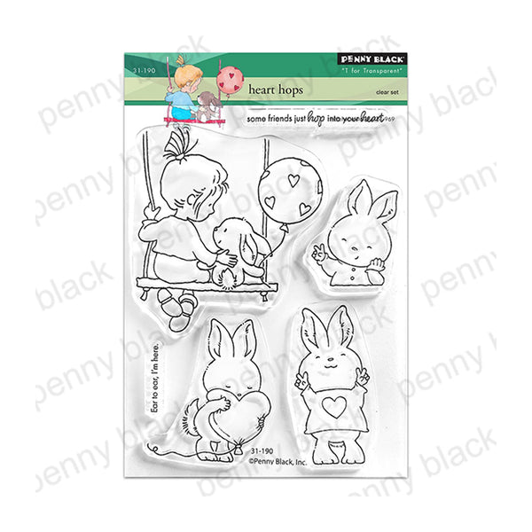 Clear stamp set with illustrations of a child and rabbit on a swing, heart, and other elements, branded 'Penny Black'.