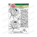 Clear stamp set with peony flowers and text by Penny Black on a white background.