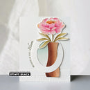 Card with pink flower and wooden vase design, featuring Penny Black branding.