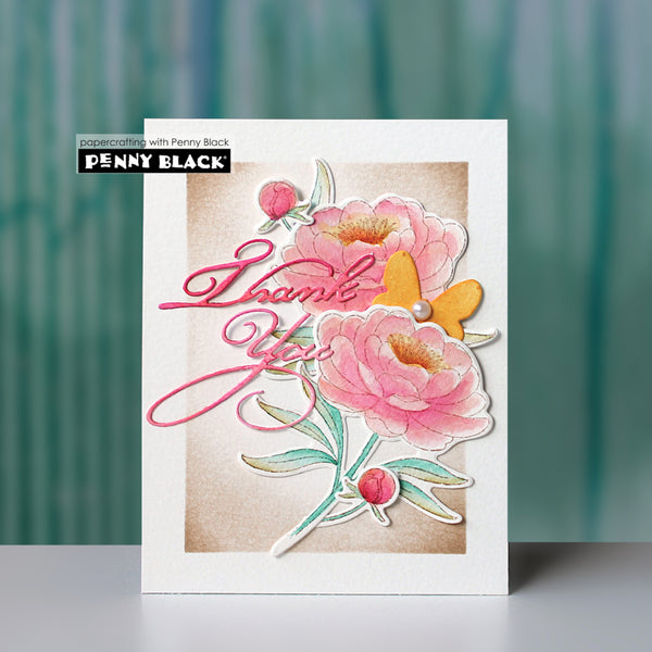 Greeting card with flowers and 'Thank You' text on a blurred background
