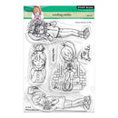 Clear stamp set with illustrations of a girl sitting on steps, holding flowers, and text 'sending smiles' by Penny Black.