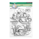 Clear stamp set with hedgehog designs and text on a white background
