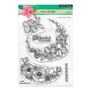 Clear stamp set with floral designs and text on a white background