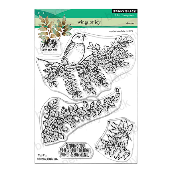 Clear stamp set with bird and leaf designs on a white background
